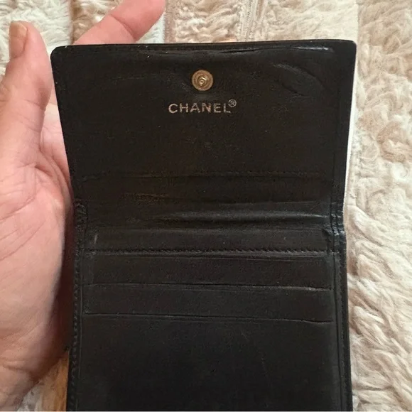 CHANEL Glossy Black Wallet with Silver Logo